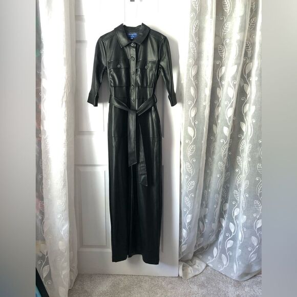 APT. 9 Cara Santana Women Faux Leather Jumpsuit Women sz XS buttons front belt - Picture 2 of 11